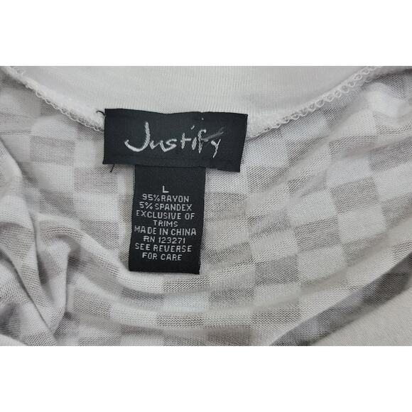 Justify Tan White Checkered Women's Top Large Short Sleeves Round Neck Stretchy - Picture 4 of 4